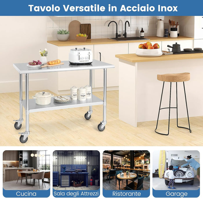 Tavolo da Lavoro in Acciaio Inox, con 4 Ruote Bloccabili Gambe Zincate e Ripiano Regolabile, Tavolo Multiuso per Cucina Ristorante e Lavanderia, 122 x 61 cm, Argento