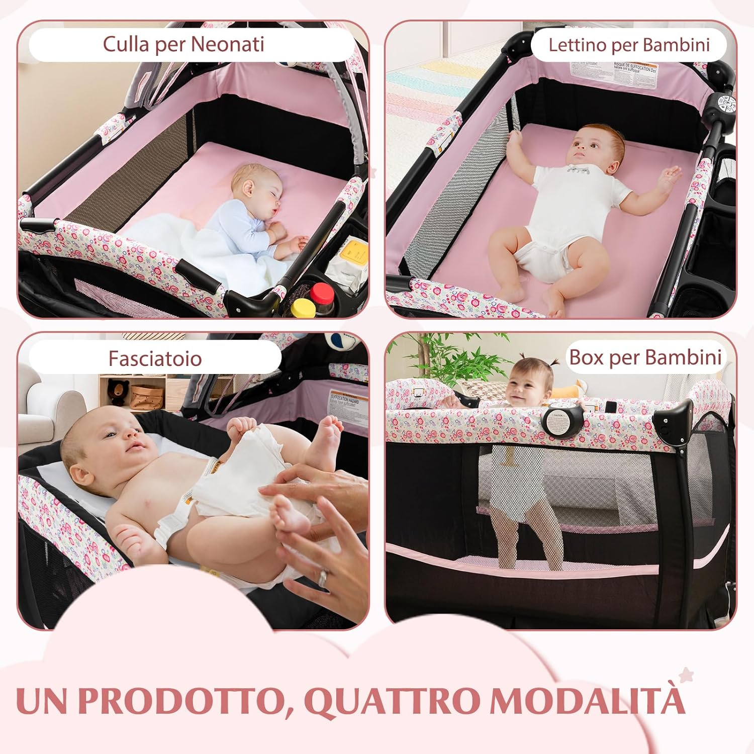 4 in 1 Lettino da Campeggio con Fasciatoio, Lettino Pieghevole per Bambini con Materasso, Centro Neonati con Culla, Box Musicale, Cappottina Regolabile, Borsa da Viaggio (Fiore Grande)