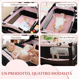 4 in 1 Lettino da Campeggio con Fasciatoio, Lettino Pieghevole per Bambini con Materasso, Centro Neonati con Culla, Box Musicale, Cappottina Regolabile, Borsa da Viaggio (Fiore Grande)