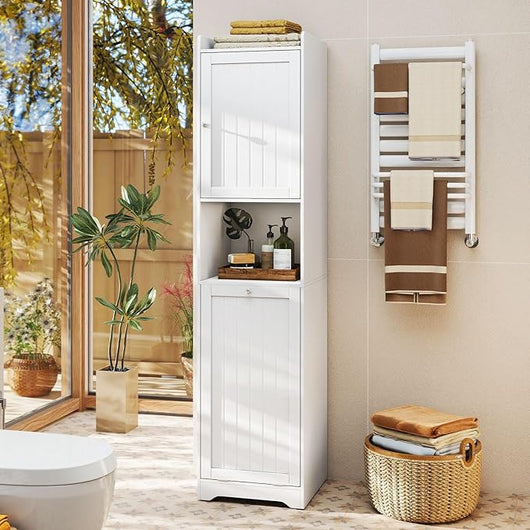 Mobile da Bagno, Armadietto Alto in Legno con Ripiano Regolabile, Cestino per Portabiancheria con Maniglie e Mensola Aperta, 40 × 40 × 170 cm, per Bagno e Cucina (Bianco)