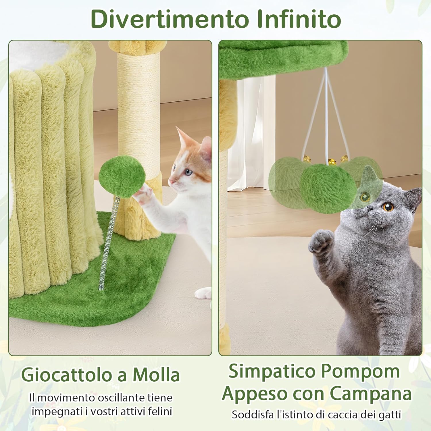 Tiragraffi per Gatti 50 x 41 x 54 cm, Torre Moderno con Pali in Sisal, Piattaforma Imbottita e Pallina Penzolante, Cuccia per Animali Domestici, Verde e Naturale