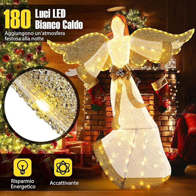 Angelo Natalizio Illuminato da Esterno 160 cm, Decorazione Natalizia con 180 Luci Bianche Calde, 4 Picchetti, per Giardino, Cortile e Prato