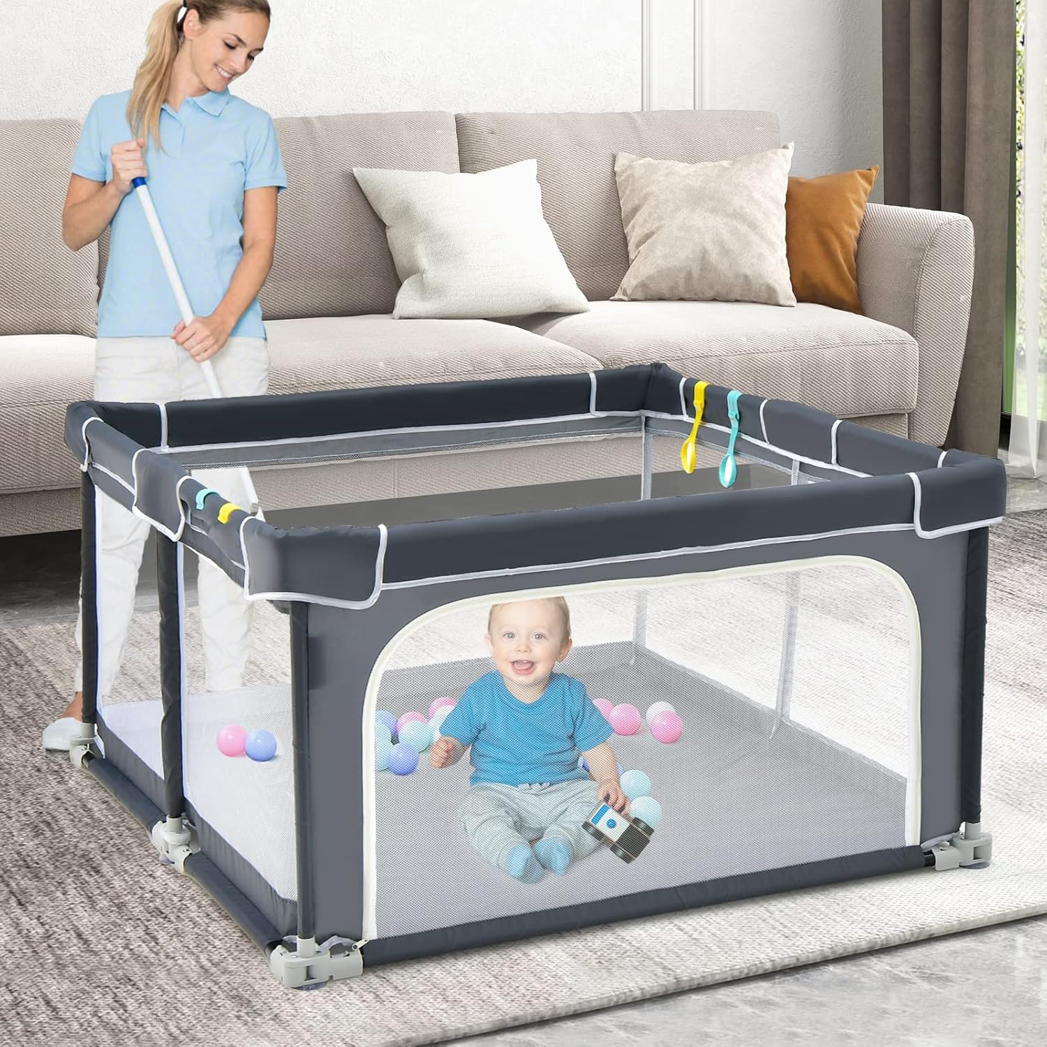 Recinto per Bambini, Box per Bambini con Rete Traspirante, Centro Attività per Bambini con 50 Palline, Box Giochi per Bambini 0-3 Anni (Grigio Scuro, ‎124 x 124 cm)