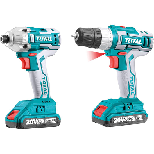 AVVITATORE+AVVITATORE A MASSA BATTENTE 1/4" 20V +2 BATTERIE 2Ah +ACCESSORI TOTAL TOTTCKLI2006