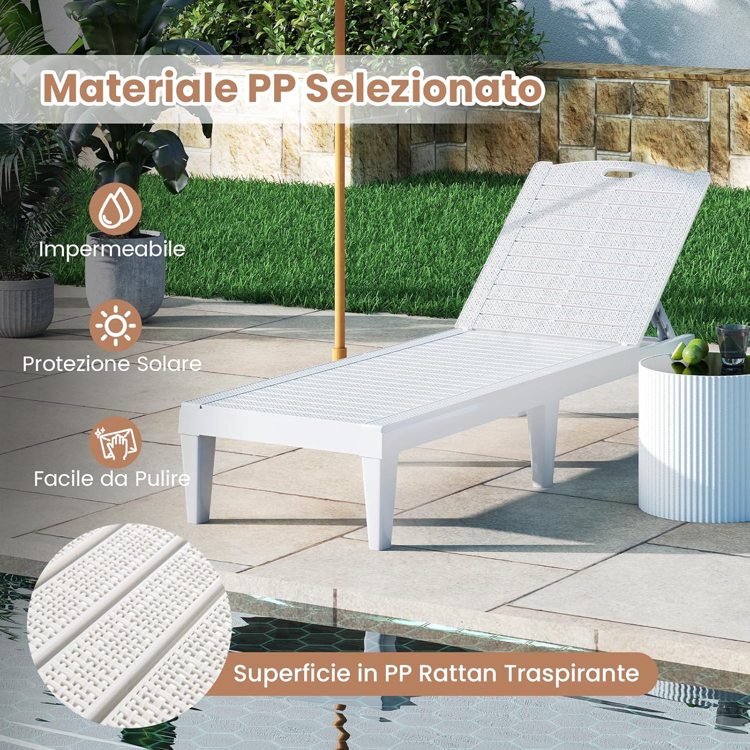 Set di 2 Sedie a Sdraio, Lettino Prendisole da Esterno in PP con Schienali Regolabili in 4 Posizioni, Sedia Reclinabile per Patio, Piscina, Terrazza, Portata 160 kg (Bianco)