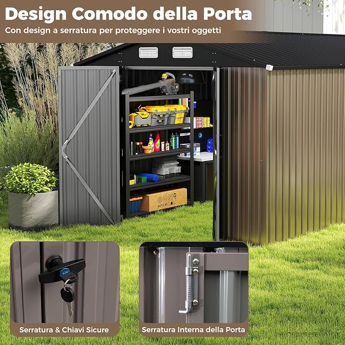 Casetta da Giardino 350 x 223 x 197 cm,con Tetto Inclinato e Porta Doppia, con 4 Finestre Traspiranti, Magazzinaggio Attrezzi