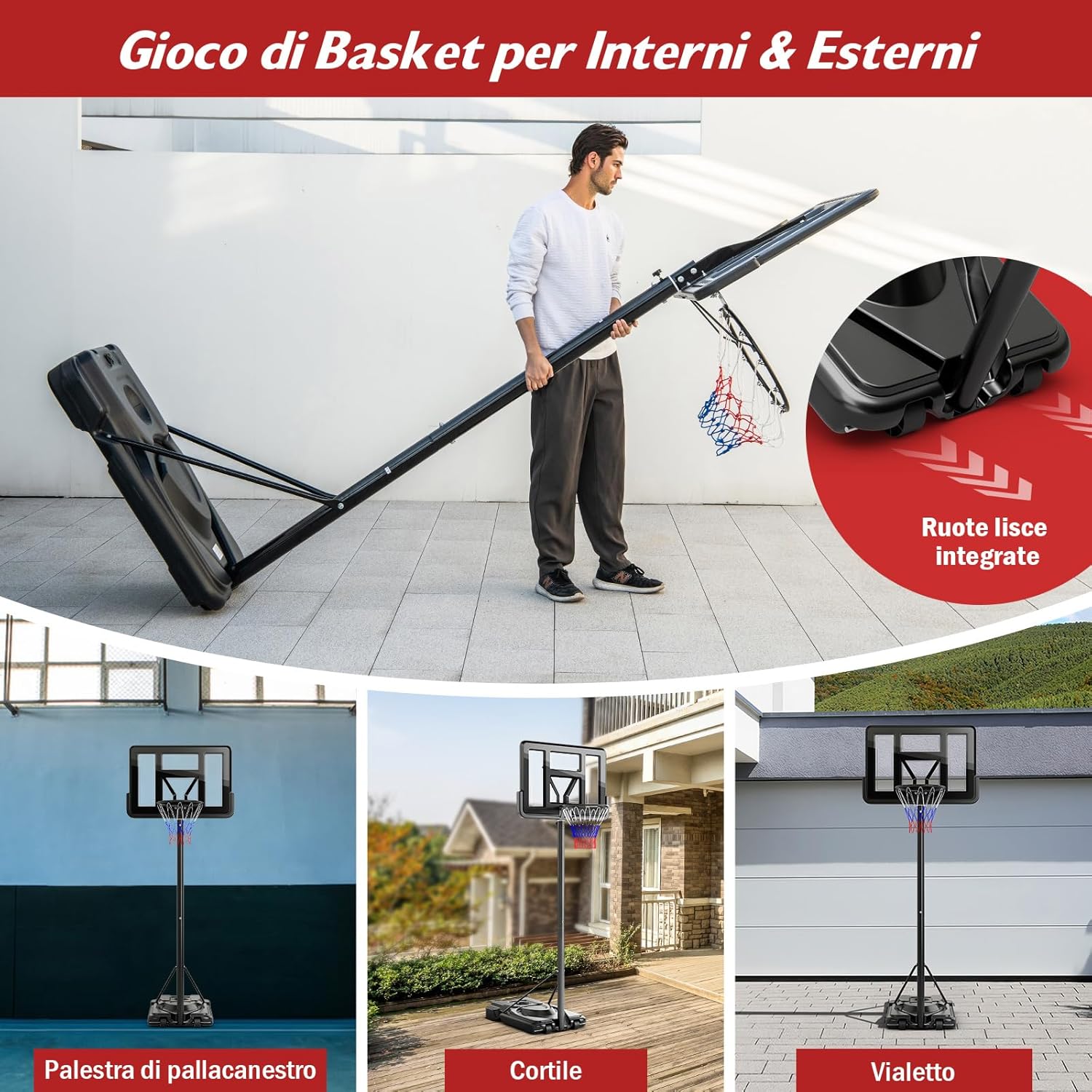 Canestro da Basket da Esterno ed Interno per Adulti, Canestro da Basket Professionale e Regolabile 230-305 cm con Ruote, Tabellone Antiurto da 110 cm e Contenitore per Palloni