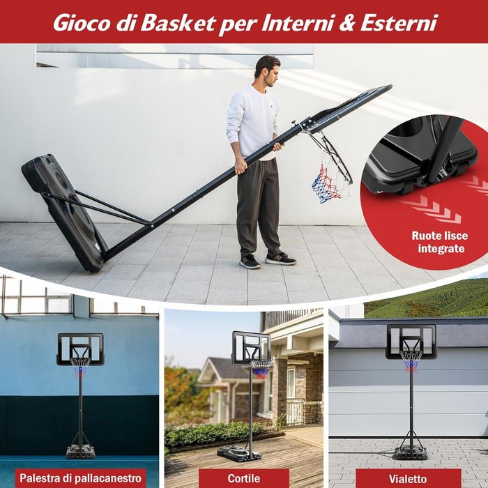 Canestro da Basket da Esterno ed Interno per Adulti, Canestro da Basket Professionale e Regolabile 230-305 cm con Ruote, Tabellone Antiurto da 110 cm e Contenitore per Palloni