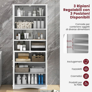 Mobile Bagno, Armadietto Salvaspazio con Porte in Acrilico, Ripiani Regolabili e Ampio Scomparto, Armadio da Terra in Legno per Soggiorno, Camera da Letto, Salotto e Cucina (Bianco)