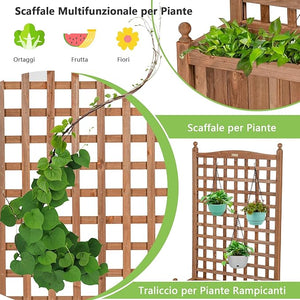 Fioriera in Legno Massiccio con Traliccio, Letto per Piante Rampicanti con Grigliato, Ruote Bloccabili e Foro di Drenaggio, Fioriera da Giardino, Terrazza e Cortile