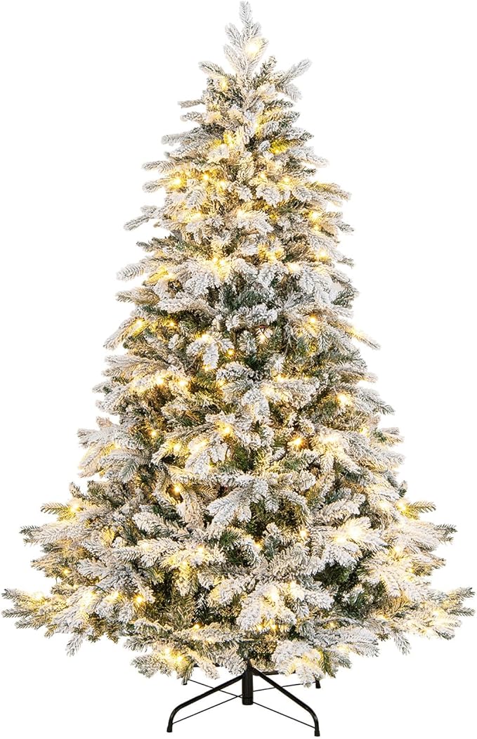 Albero di Natale Innevato 137/180/210 CM, Albero di Natale Artificiale Pre-Illuminato con 120/260/300 Luci LED, 757/1415/1684 Punte e Giunti a Cerniera (180 cm)