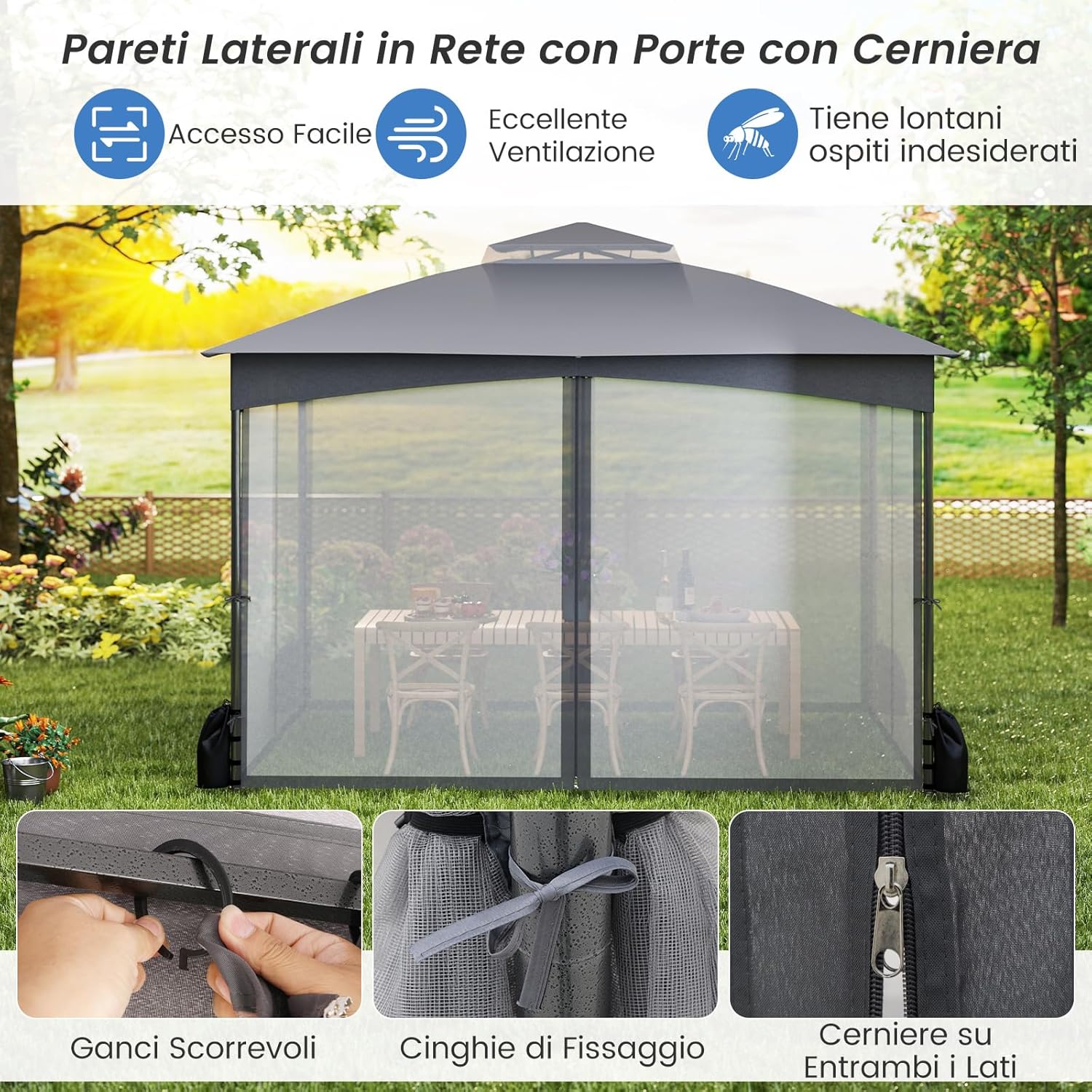 Gazebo da Giardino 3 x 3,6 m, Gazebo con Zanzariera a Doppia Copertura con Sacchetti di Sabbia e Picchetti a Terra, Tenda Impermeabile con Struttura in Metallo per Prato (Grigio)