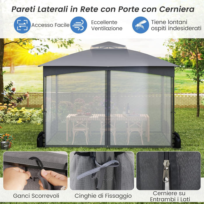 Gazebo da Giardino 3 x 3,6 m, Gazebo con Zanzariera a Doppia Copertura con Sacchetti di Sabbia e Picchetti a Terra, Tenda Impermeabile con Struttura in Metallo per Prato (Grigio)