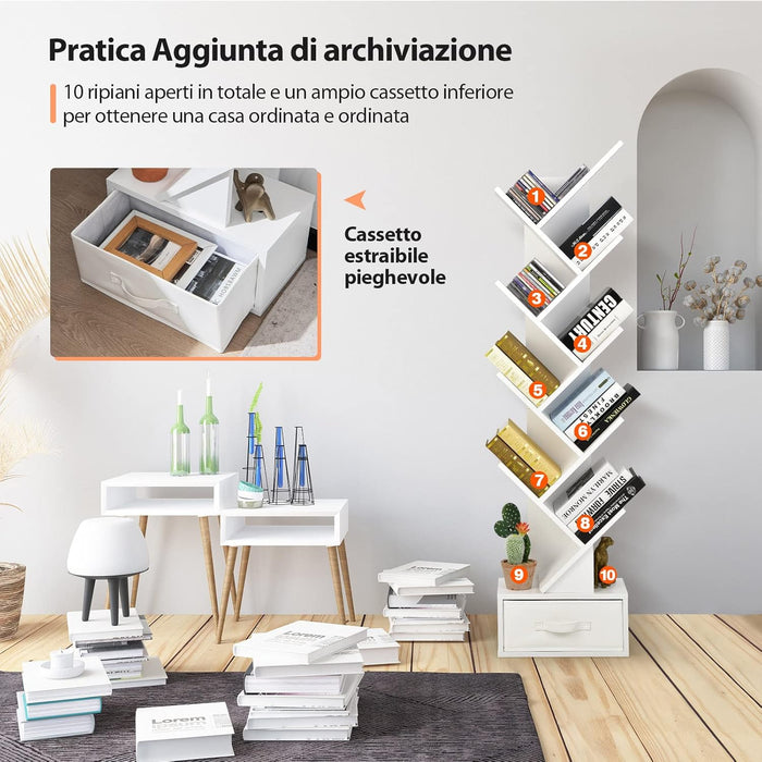 Libreria ad Albero in Legno, Scaffale a 10 Ripiani con Cassetto, Portaoggetti Autoportante per Soggiorno, Studio e Ufficio, 38 x 21,5 x 149,5 cm (Bianco)