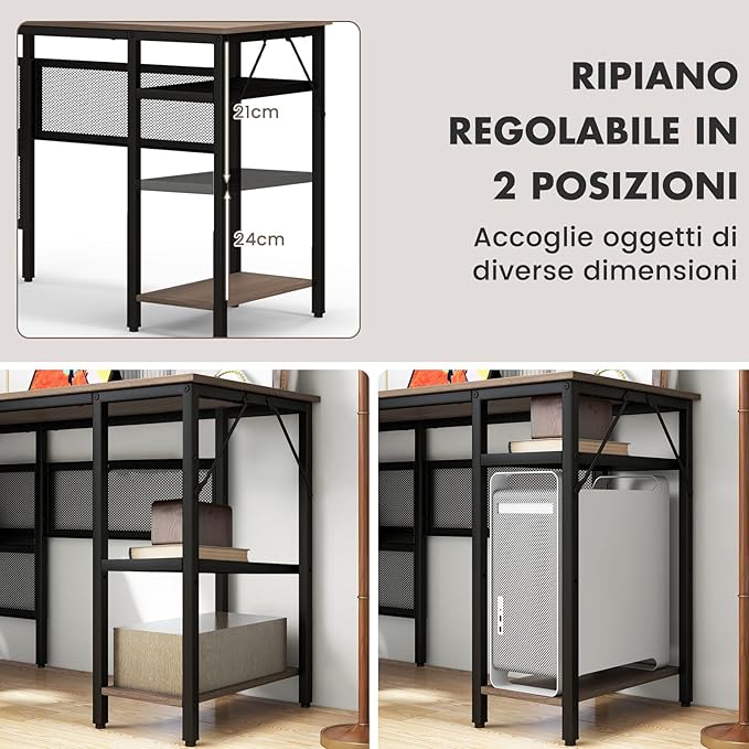 Scrivania Angolare da 140CM, Scrivania ad Angolo Porta PC Reversibile con Ripiani a Rete, Supporto CPU, Scrivania a Forma di L Salvaspazio per Ufficio e Casa