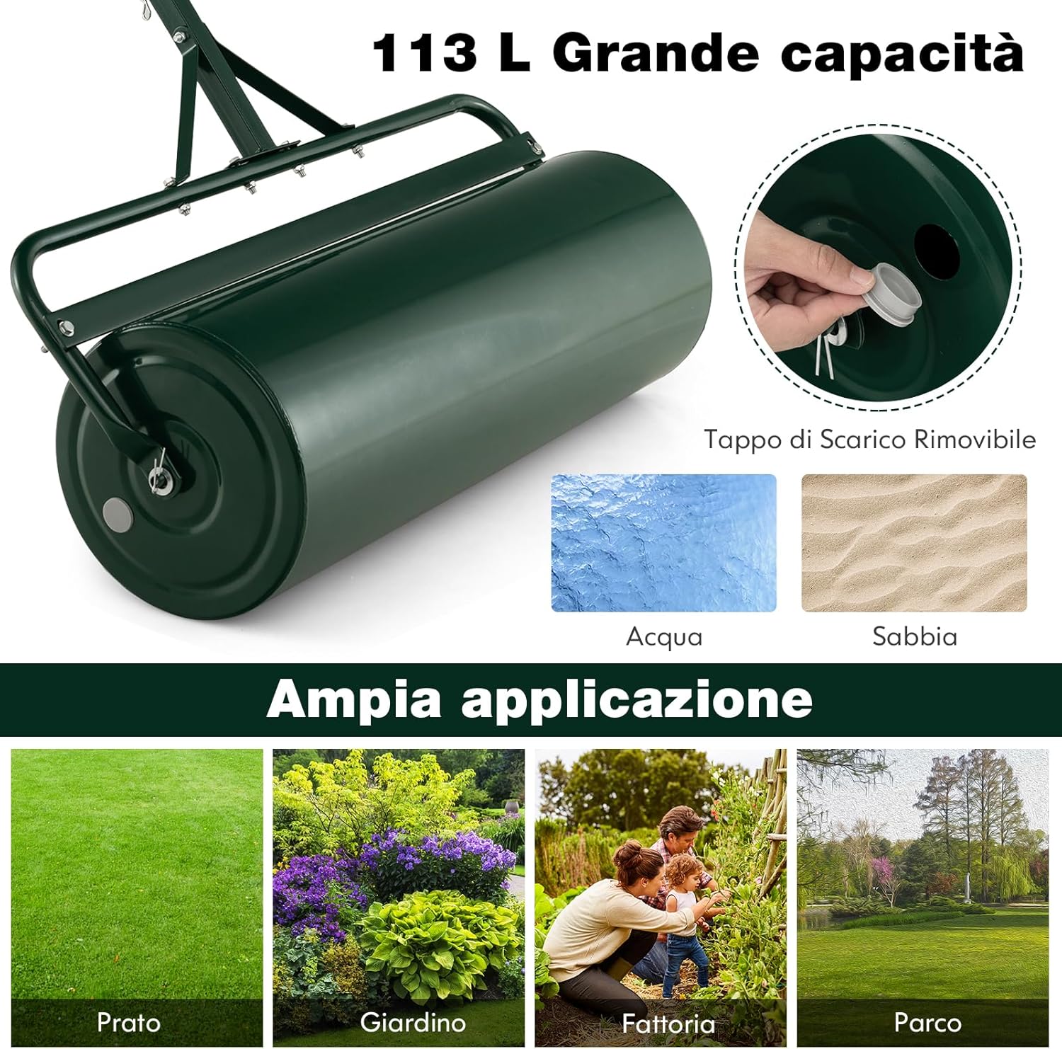 Rullo da Giardino per Prato 113 L 90 x 40 cm, Rullo per Prato in Metallo Riempibile di Acqua/Sabbia con Manico Antiscivolo, Ideale per Cortile, Parco e Fattoria (Verde)