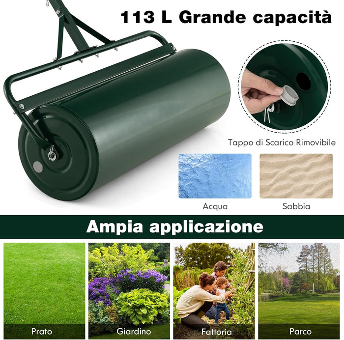 Rullo da Giardino per Prato 113 L 90 x 40 cm, Rullo per Prato in Metallo Riempibile di Acqua/Sabbia con Manico Antiscivolo, Ideale per Cortile, Parco e Fattoria (Verde)