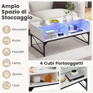 COSTWAY Tavolino da Salotto, Tavolino da Caffè da in Vetro e Legno con Luce LED Multicolore Regolabile a Telecomando e Ripiani, Tavolino per Soggiorno e Ufficio, 105 x 55 x 50 cm (Bianco)