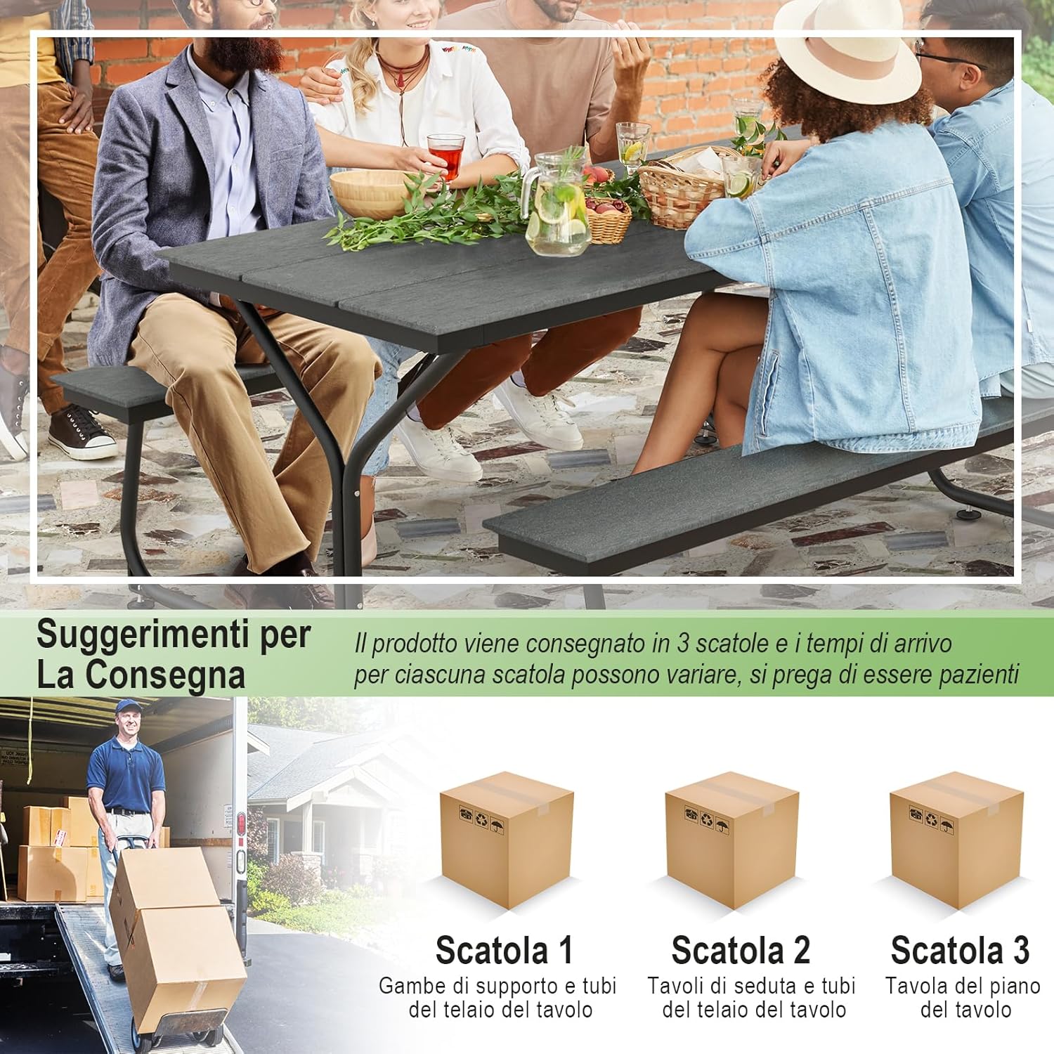 Tavolo con Panche da Esterno, Tavolo da Pranzo 183 CM con 2 Panche per 8 Persone, Tavolo da Picnic in Metallo e HDPE con Foro per Ombrellone, per Giardino Terrazzo (Grigio)