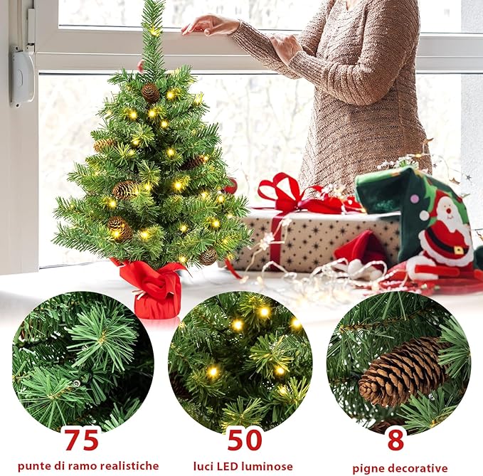 Albero di Natale Piccolo 64 cm con Luci, Mini Albero di Natale da Tavolo con 50 Luci LED 8 Modalità di Illuminazione 8 Pigne e Base in Cemento, Albero Artificiale Piccolo da Casa Ufficio