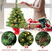 Albero di Natale Piccolo 64 cm con Luci, Mini Albero di Natale da Tavolo con 50 Luci LED 8 Modalità di Illuminazione 8 Pigne e Base in Cemento, Albero Artificiale Piccolo da Casa Ufficio