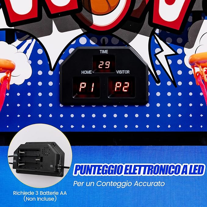 Macchina da Pallacanestro Elettronica Pieghevole, Gioco Arcade da Basket a Doppio Tiro per Casa con 8 Modalità di Gioco, Suono Arcade, Punteggio Elettronico, 4 Palloni e Pompa (Blu)