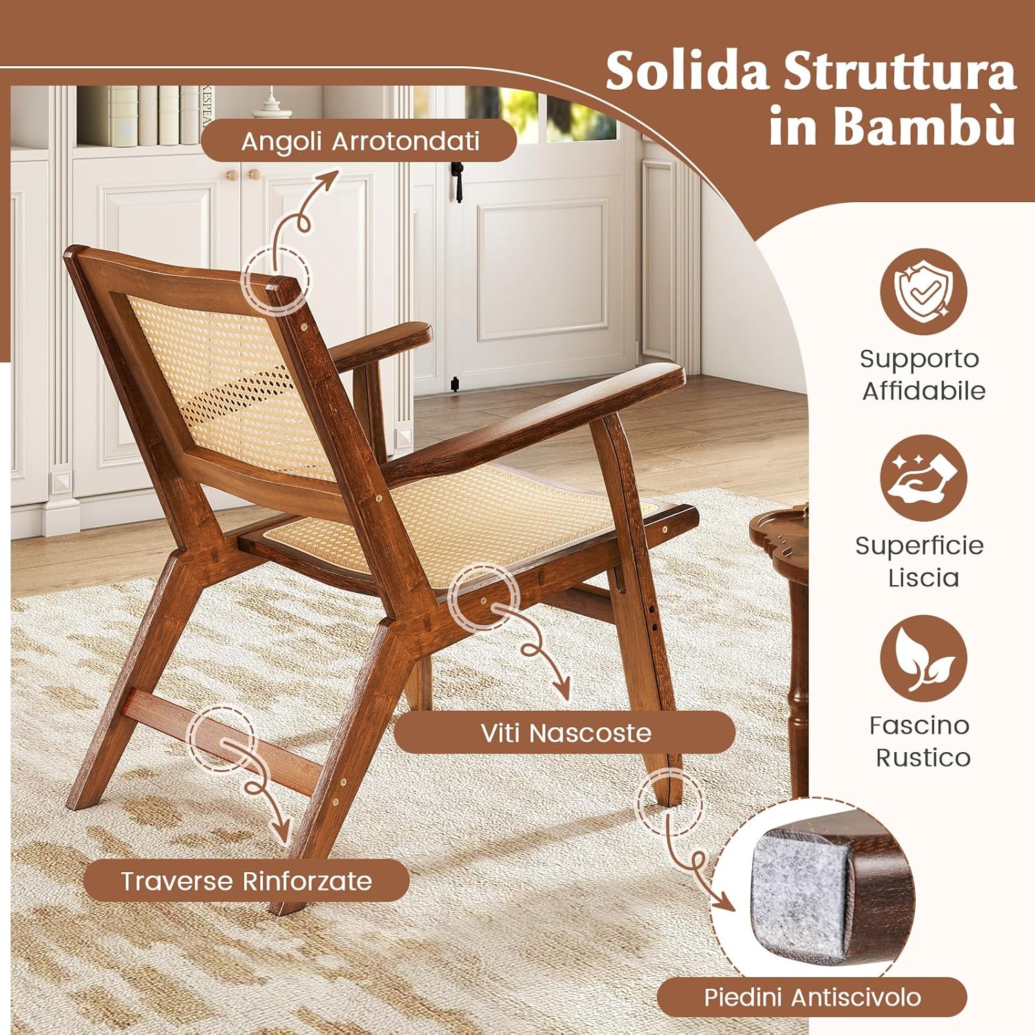 Poltrona Lounge, Poltrona Ergonomica in Rettan e Bambù con Schienale e Braccioli, Portata 150 kg, Sedia Bohemien per Soggiorno, Camera da Letto e Studio
