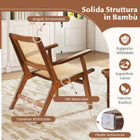 Poltrona Lounge, Poltrona Ergonomica in Rettan e Bambù con Schienale e Braccioli, Portata 150 kg, Sedia Bohemien per Soggiorno, Camera da Letto e Studio