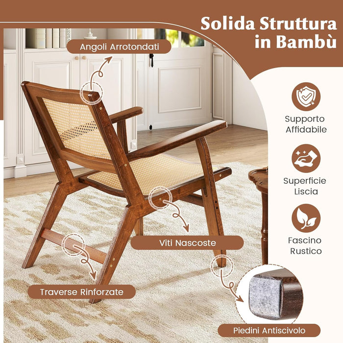 Poltrona Lounge, Poltrona Ergonomica in Rettan e Bambù con Schienale e Braccioli, Portata 150 kg, Sedia Bohemien per Soggiorno, Camera da Letto e Studio