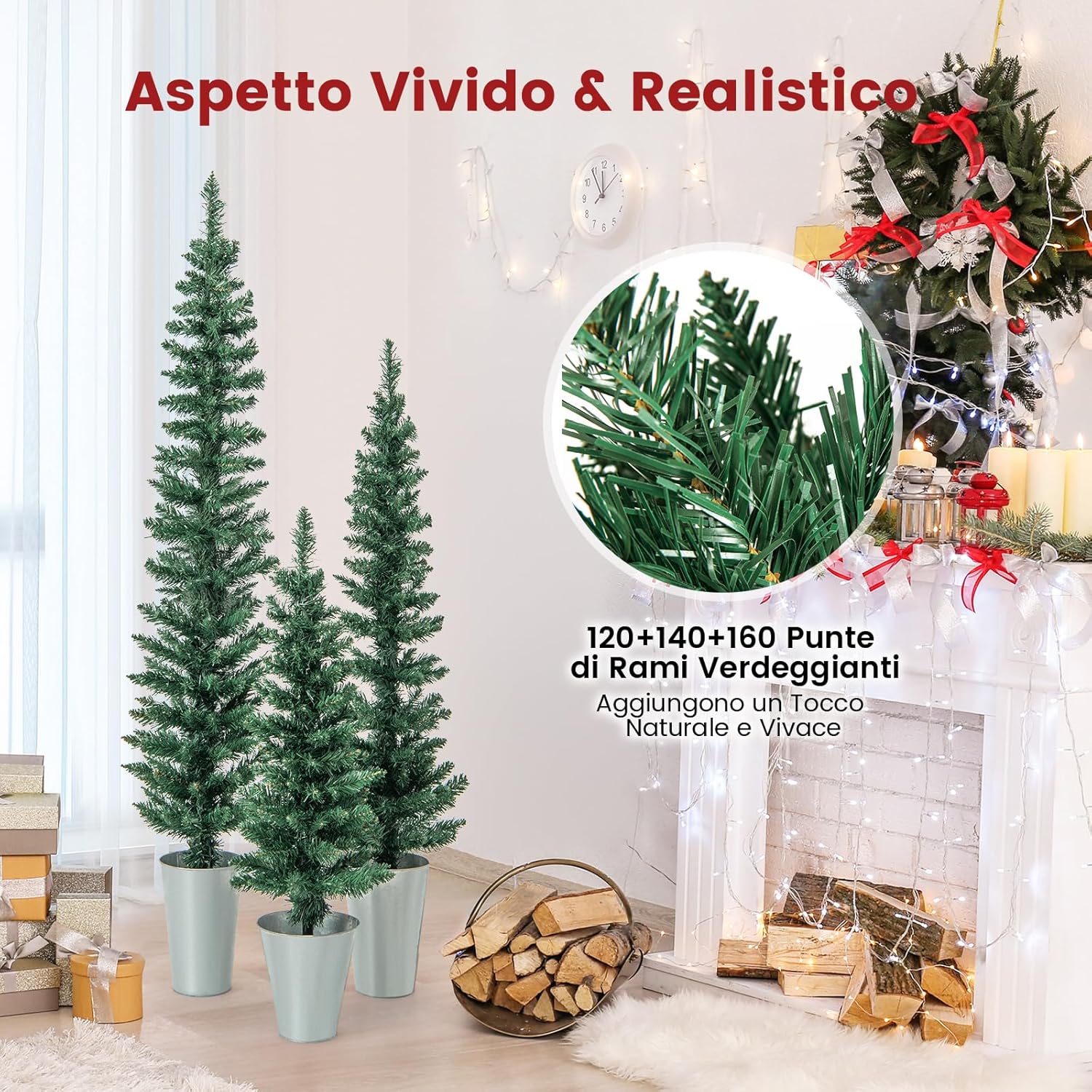 Set di 3 Alberi di Natale Artificiali da 90 CM + 120 CM + 150 CM, Alberi di Natale Slim con 120 + 140 + 160 Punte di Ramo e Basi in Metallo Riempite di Cemento, Decorazione Natalizia Interna