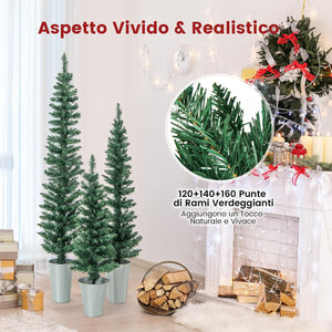 Set di 3 Alberi di Natale Artificiali da 90 CM + 120 CM + 150 CM, Alberi di Natale Slim con 120 + 140 + 160 Punte di Ramo e Basi in Metallo Riempite di Cemento, Decorazione Natalizia Interna