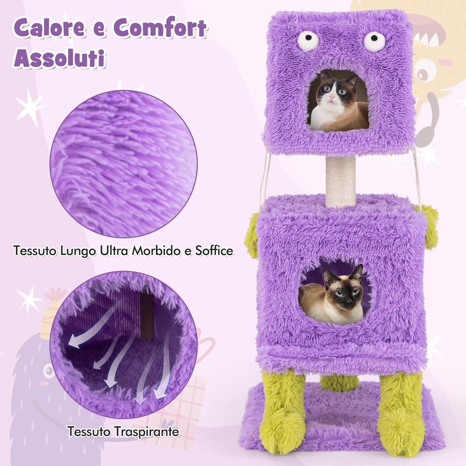 Albero per Gatti, Torre di Gatti a Tema Mostro Carina con 2 Nidi Privati, Palo per Graffio in Sisal e Giocattoli Pendenti, Centro Attività a 3 Livelli per Gatti
