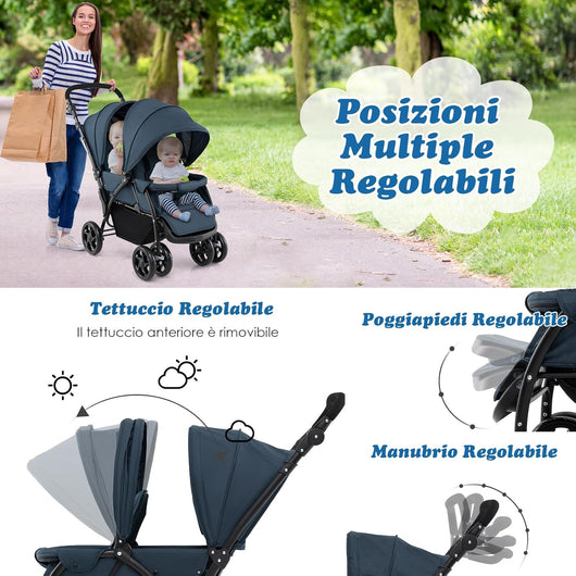 Passeggino Doppio Pieghevole per Bambini, Passeggino Gemellare Pieghevole, con Seduta in Tandem e Tettuccio, Schienale Regolabile, Ruote Bloccabili e Antiurto, per Bambini 0-36 Mesi (Blu)