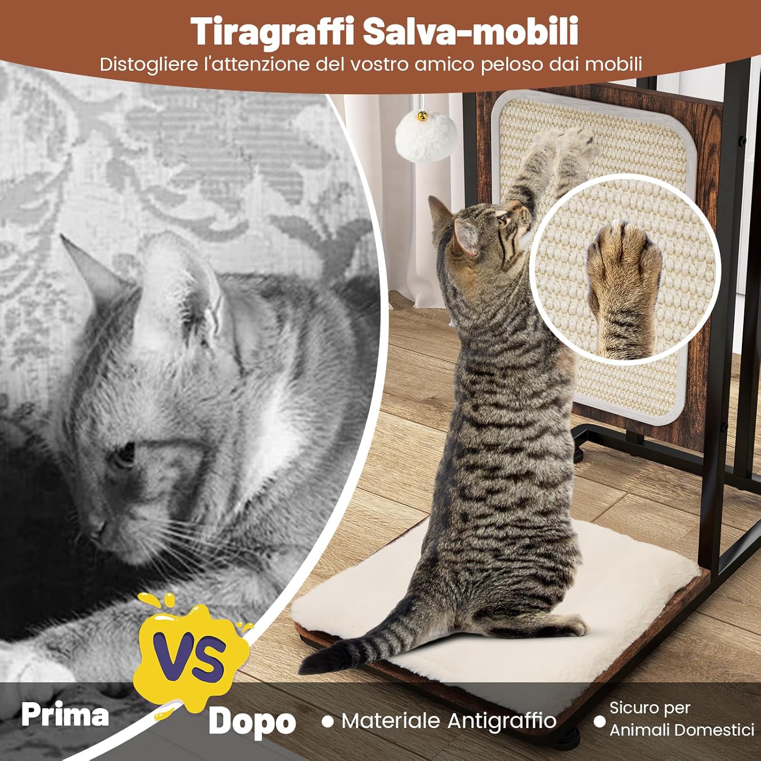 Tavolino da Salotto, Tavolino Multisuo con Tiragraffi, Cuscino Rimovibile Lavabile e Giocattolo Appeso, Mobili Moderni per Soggiorno e Camera da Letto, Marrone Rustico