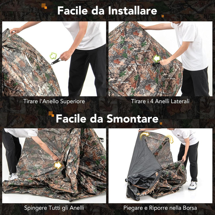 Tenda da Caccia per 2-3 Persone, Tenda Mimetica a Visione a 360° Trasparente per Caccia, Tenda Pop-Up Camouflage con Borsa da Trasporto, Attrezzatura e Accessori da Caccia, 249 x 211 x 175 cm