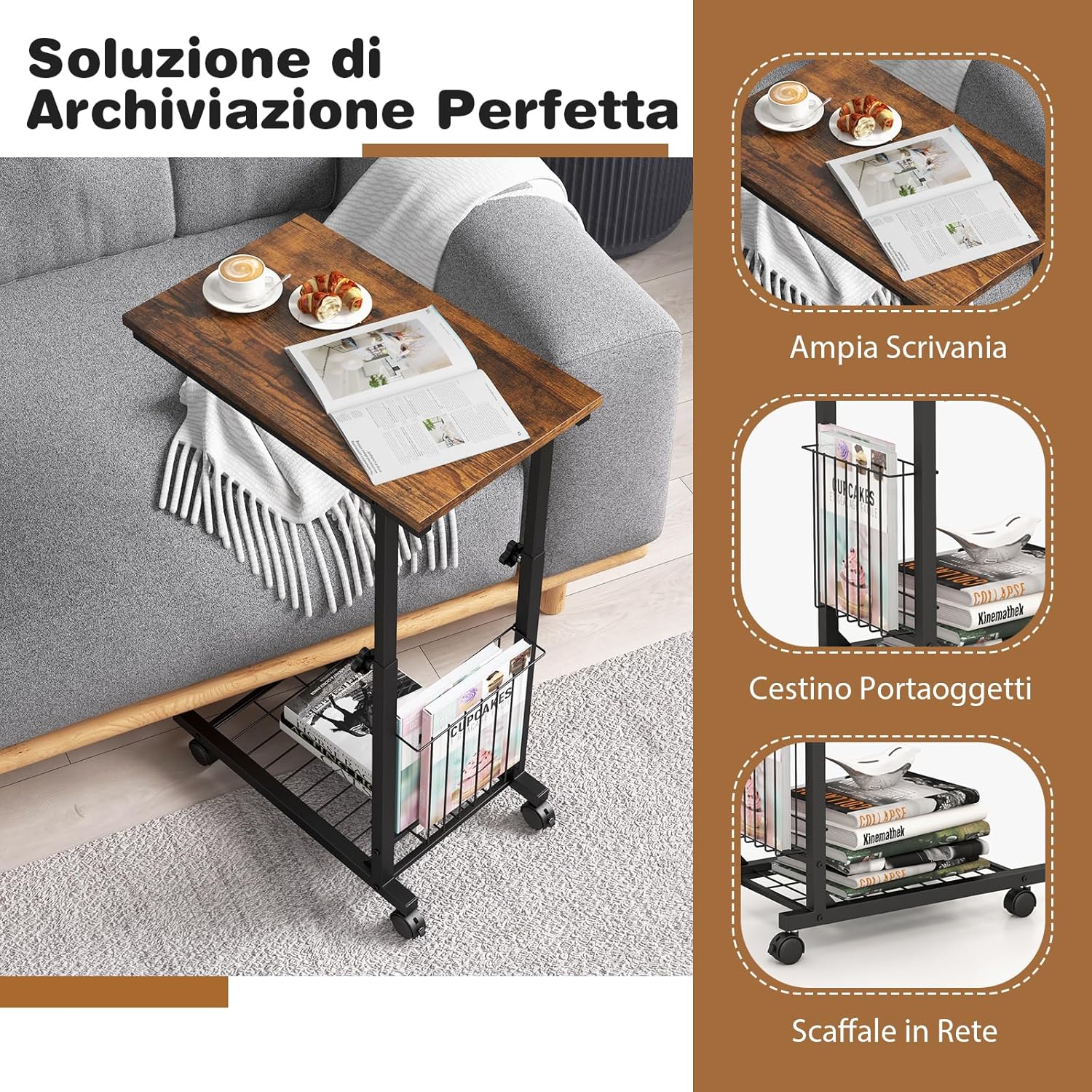 Tavolino da Salotto Moderno, Tavolino Basso Regolabile in Altezza con Ruote e Cestino Portaoggetti, Tavolino Porta PC a Forma di C da Divano e Letto per Soggiorno e Camera da Letto (Marrone)