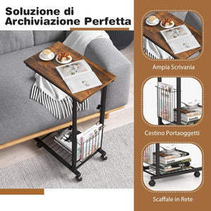 Tavolino da Salotto Moderno, Tavolino Basso Regolabile in Altezza con Ruote e Cestino Portaoggetti, Tavolino Porta PC a Forma di C da Divano e Letto per Soggiorno e Camera da Letto (Marrone)