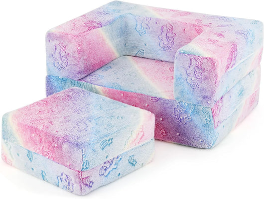 Divano Pieghevole per Bambini 5 in 1 Brilla al Buio, Poltrona Modulare con Cuscino, Fodera Lavabile in Lavatrice e Riempimento in Schiuma (Unicorno Arcobaleno)