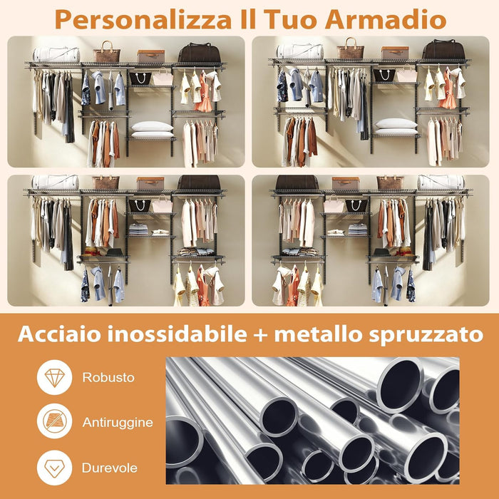 Guardaroba Parete 122-244 CM, Sistema di Organizzazione Regolabile con Asta Pendente, Appendiabiti Metallica, Sistema di Organizzazione e Stoccaggio Armadi per Camera da Letto (Grigio)