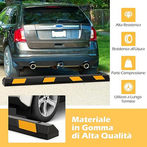 Fermaruote in Gomma per Parcheggi e Garage, Ferma Ruote con Strisce Riflettenti Gialle Capacità di Carico di 4 Ton, Barriera Parcheggio per Auto e Camion 183 x 15 x 10 cm, Nero e Giallo