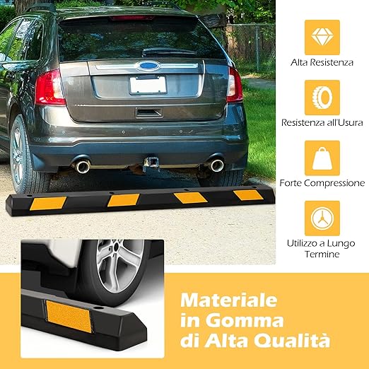 Fermaruote in Gomma per Parcheggi e Garage, Ferma Ruote con Strisce Riflettenti Gialle Capacità di Carico di 4 Ton, Barriera Parcheggio per Auto e Camion 183 x 15 x 10 cm, Nero e Giallo