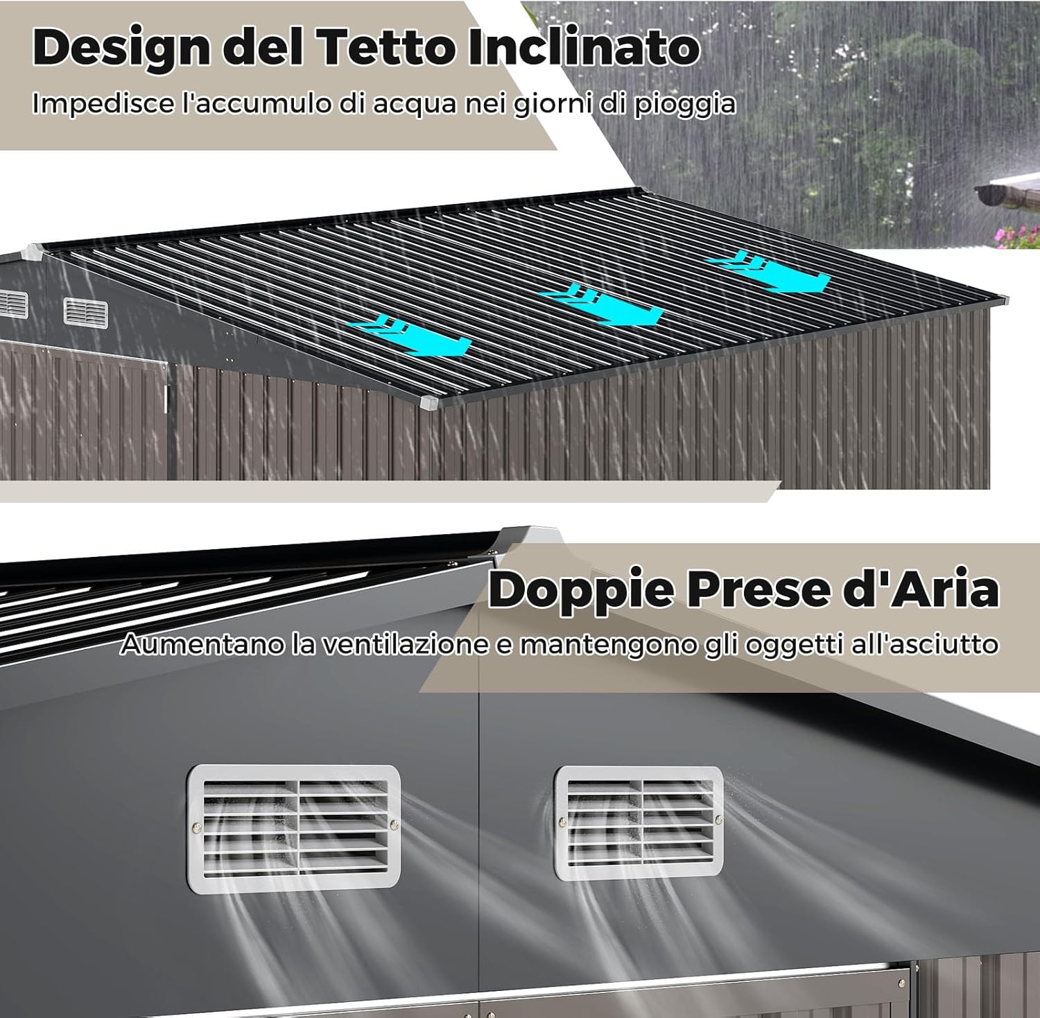 Capanno da Giardino, Casetta Porta Attrezzi con Tetto Inclinato, Porte Bloccabili e Chiavi e 4 Ventilazioni, Organizzatore per Attrezzi da Cortile e Patio, 350 x 350 x 198 cm