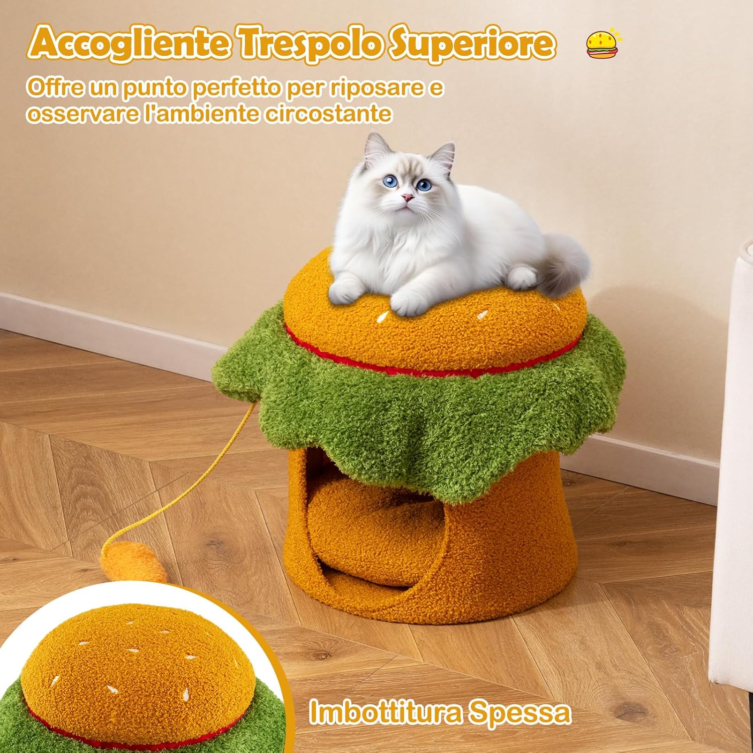 Cuccia per Gatti Carino, Condominio per Gatti a Forma di Hamburger con Cuccia Imbottita, Giocattolo Morbido Sospeso e Cuscino Morbido Rimovibile e Lavabile, Casa per Gattini, 37 x 37 x 41 cm