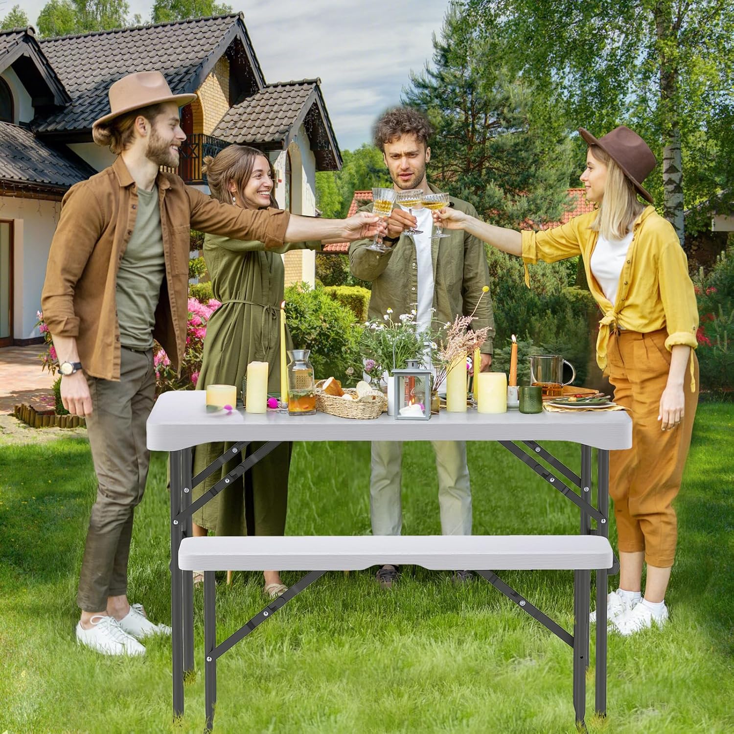 Tavolo e Sedie da Giardino, Set Tavolo da Picnic Pieghevole con 2 Panchine, Piano in HDPE, Struttura in Metallo, Tavolo da Picnic per 4 Persone, 108 x 60 x 70 cm