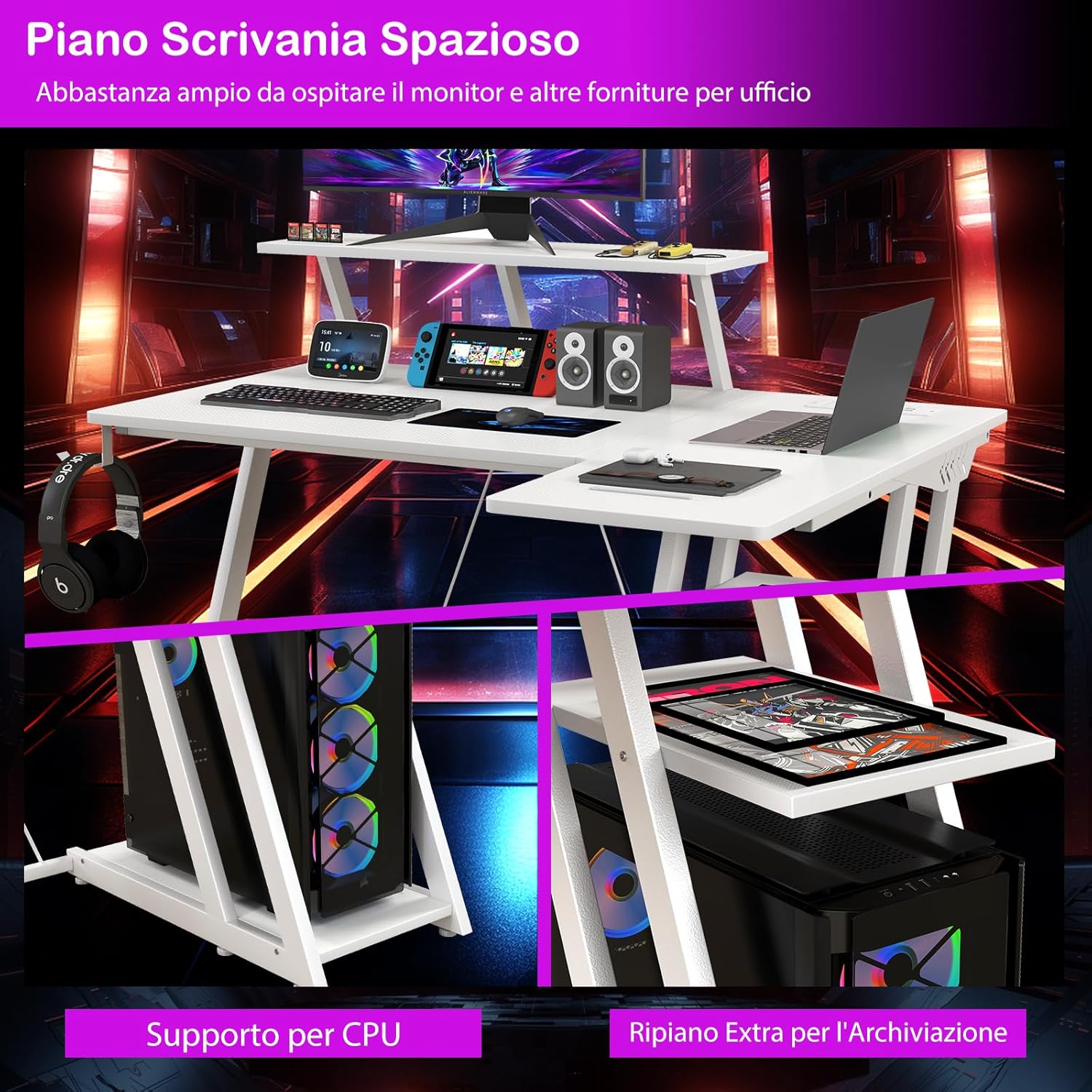 Scrivania Angolare Salvaspazio, Scrivania da Gaming con Prese, Porte USB, Ripiano per Monitor, Gancio per Cuffie, Ripiano e Supporto per CPU, Scrivania ad Angolo per Casa e Ufficio (Bianco)
