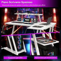 Scrivania Angolare Salvaspazio, Scrivania da Gaming con Prese, Porte USB, Ripiano per Monitor, Gancio per Cuffie, Ripiano e Supporto per CPU, Scrivania ad Angolo per Casa e Ufficio (Bianco)
