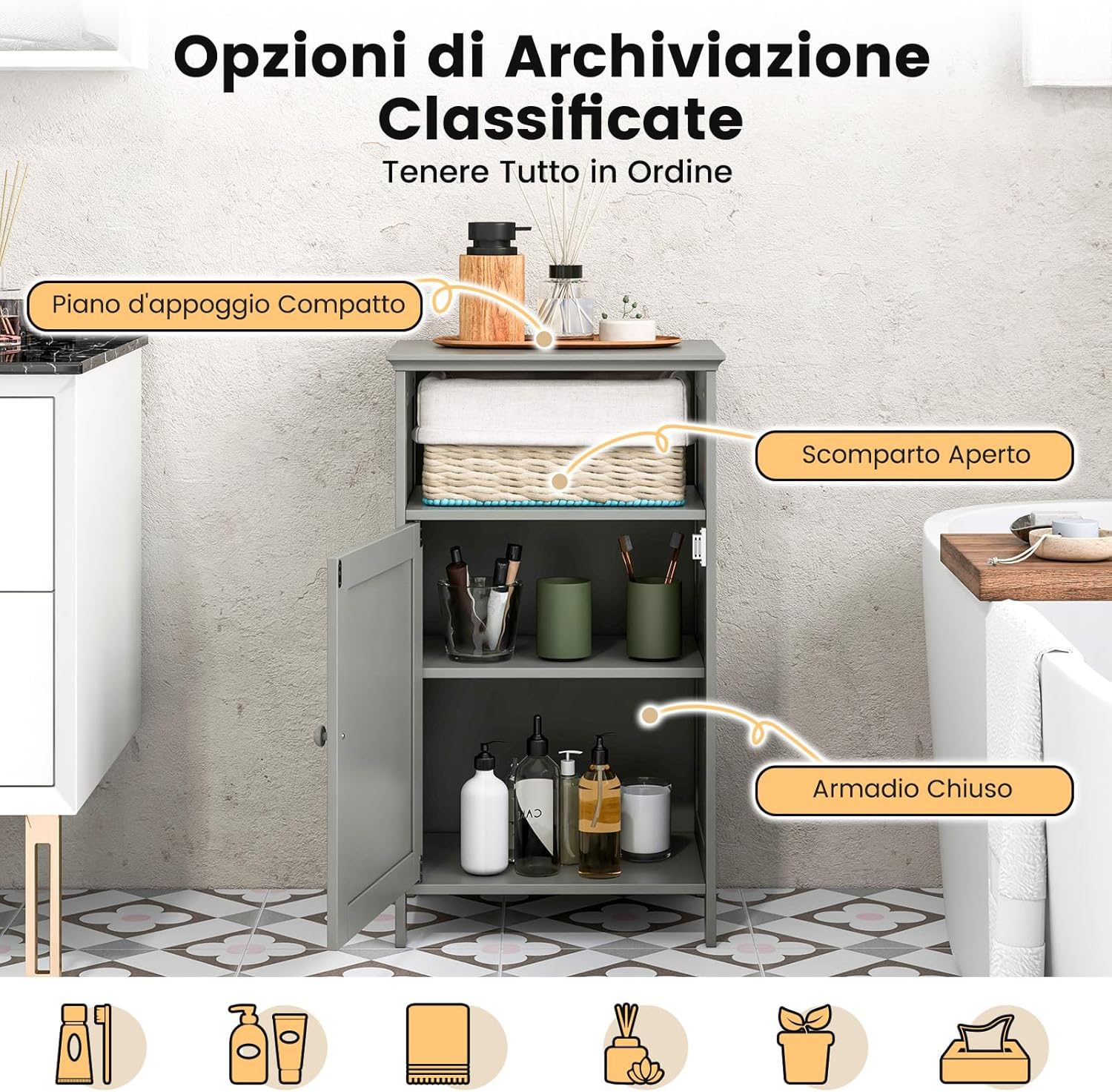 Armadio per Bagno, Mobile Multifunzionale con Anta Singola e Mensola Regolabile, Organizer Moderno di Legno, Tavolino per Casa Salone Camera da Letto Ufficio (Grigio)
