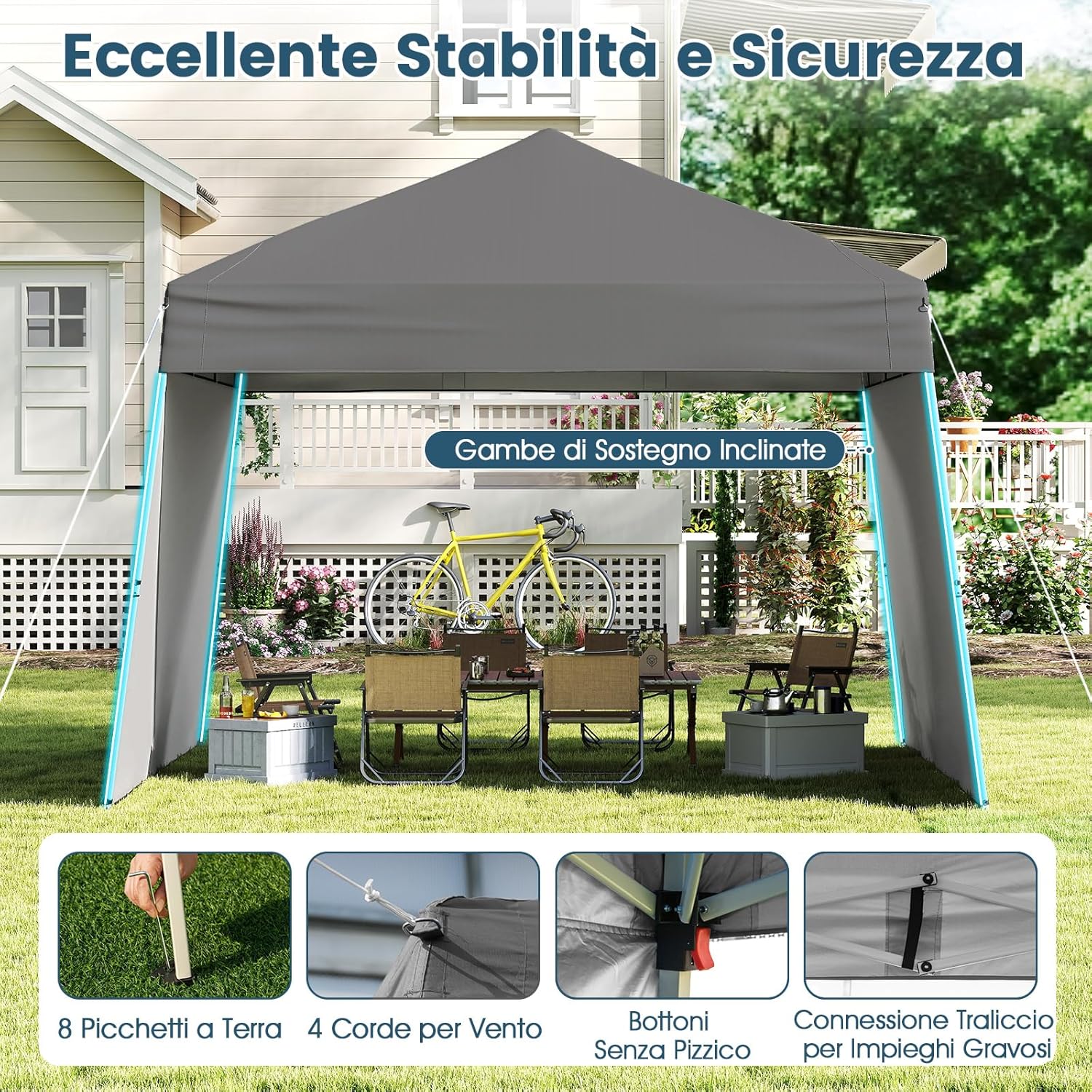 Gazebo Pieghevole 430 x 280 cm, Gazebo da Esterno con Pareti Laterali Convertibili in Tenda da Sole, 8 Picchetti, 4 Corde Antivento, Tendone Impermeabile per Feste (Grigio)