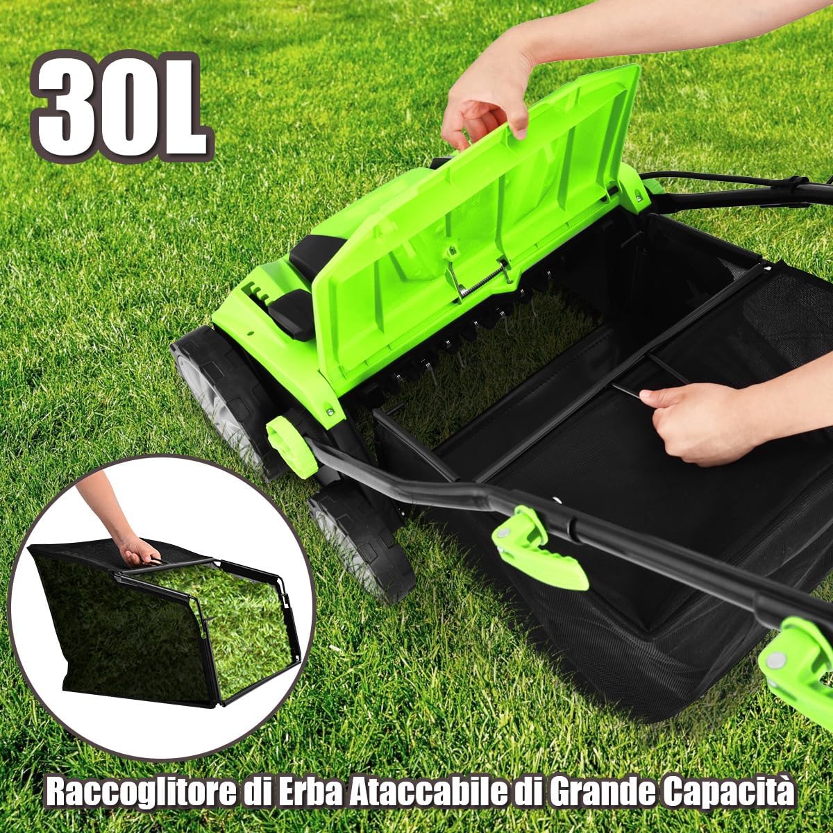 Scarificatore 2 in-1 per Prato, Arieggiatore Elettrico con Sacco Raccoglitore da 45L, Larghezza 38cm, con 3 Posizioni Regolabili, Scarificatore 1800W per Giardino Cortile (38 cm, Verde)