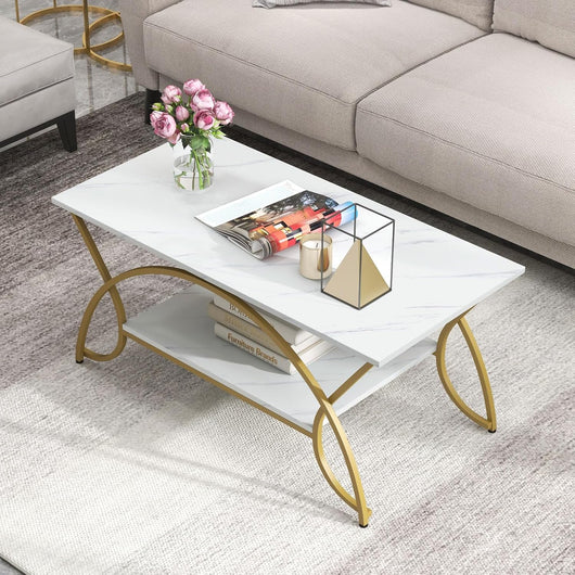 Tavolino da Caffè da Salotto, Tavolino Rettangolare a 2 Livelli con Struttura in Metallo, Tavolino Elegante e Moderno per Studio, Ufficio e Soggiorno, 100 x 50 x 45 cm (bianco e oro)